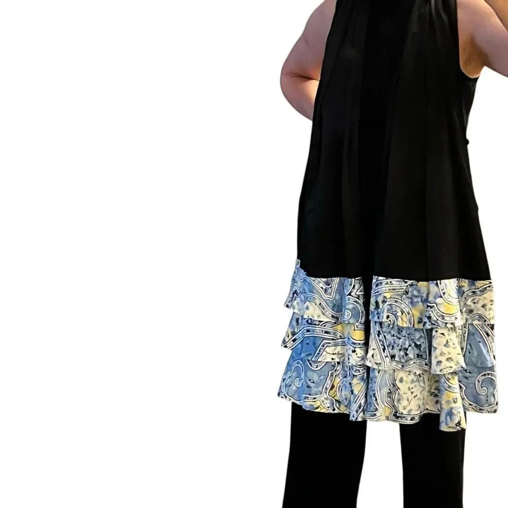 Carlisle Elegant Black Silk Cape Scarf Wrap Blue White Floral Paisley Hem Ruffle